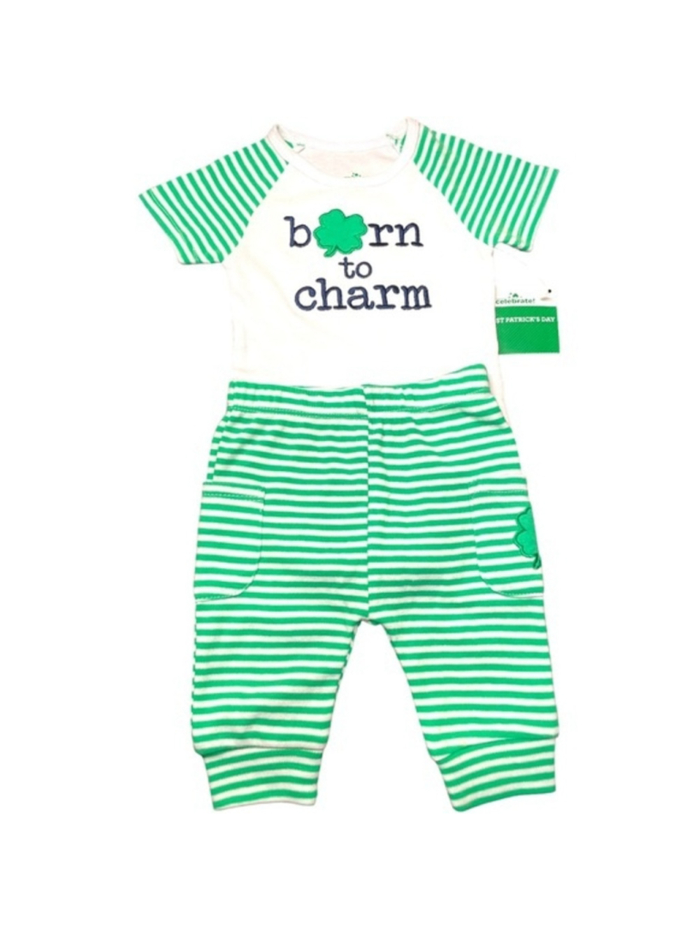 St Patricks Day Unisex 0-3 Mos Outfit Bodysuit Joggers Born to Charm Green White